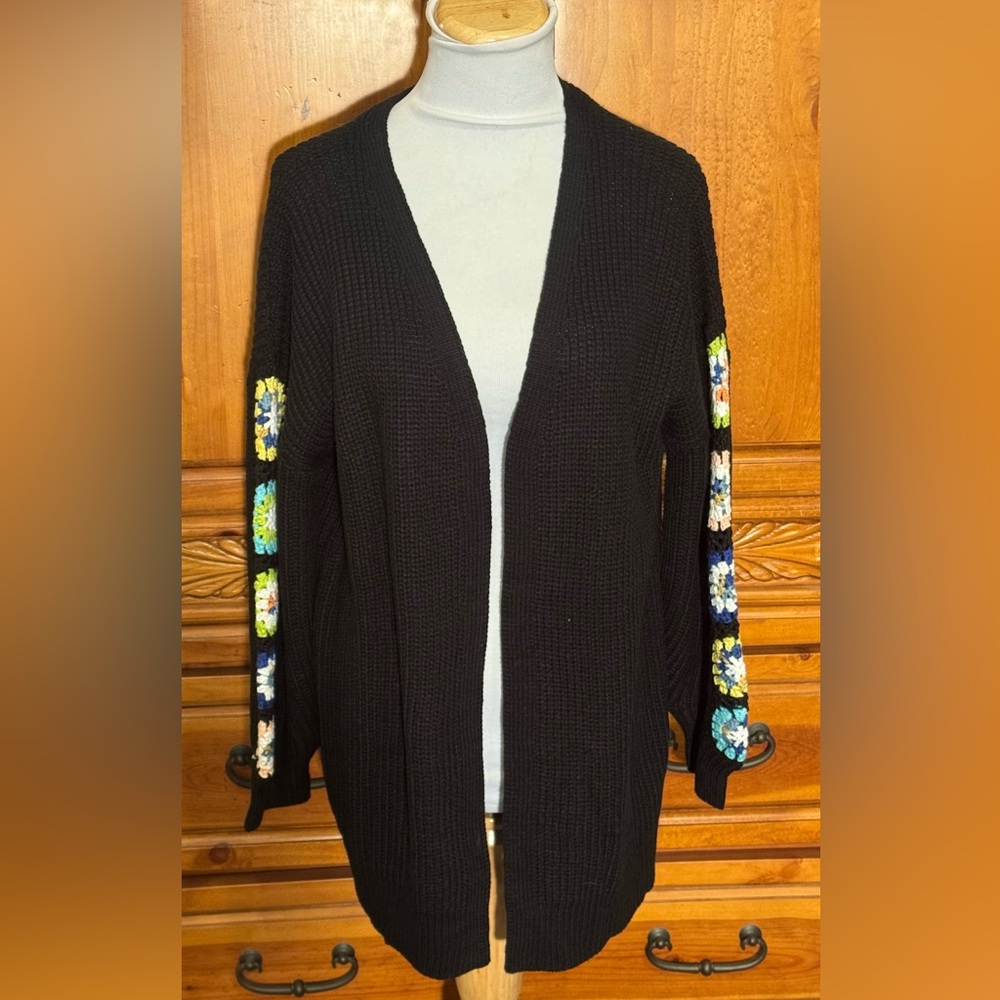 Cupshe Black Sweater Cardigan with Floral Sleeve Accents